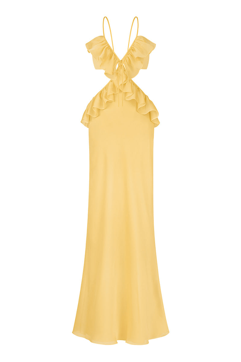 ruffle front tie maxi dress in yellow SLIP | CULT MIA over back with ties Color:Mauve/Silver Korean Fashion Designer Bodycon 100% cotton tank dress