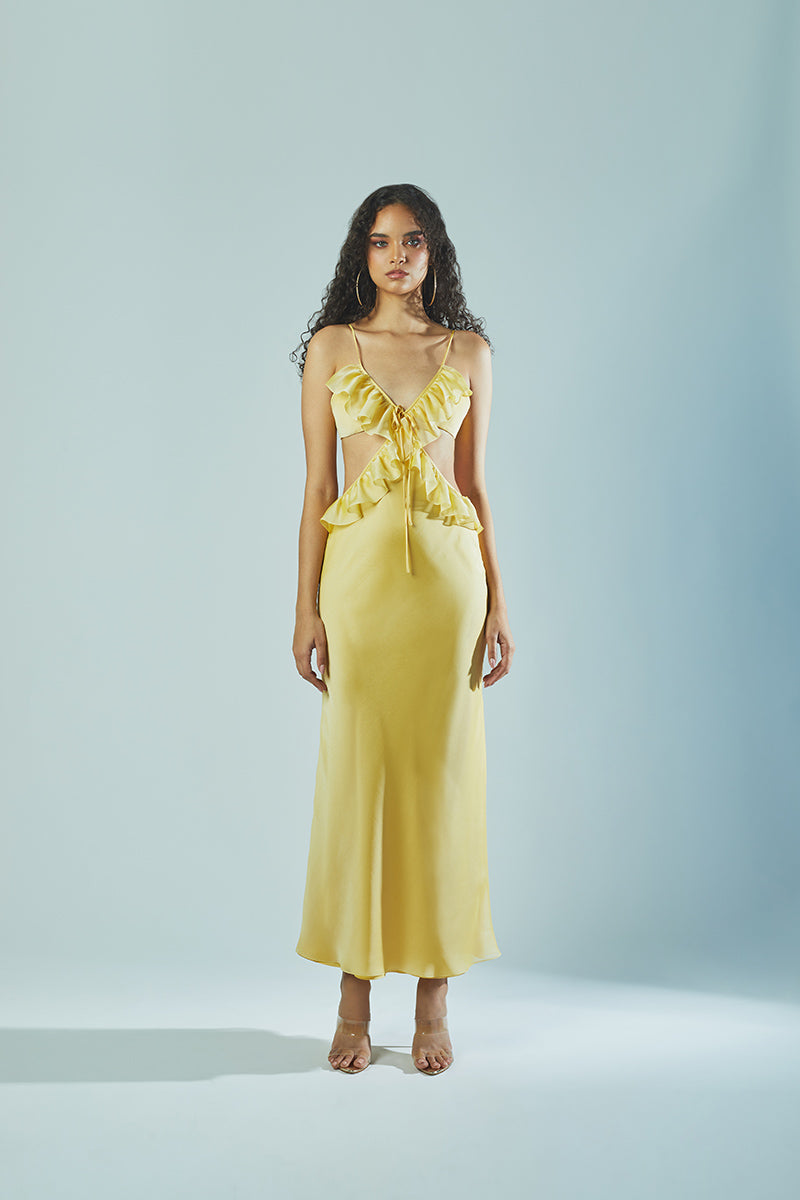 RUFFLE MAXI SLIP DRESS IN YELLOW - CULT MIA