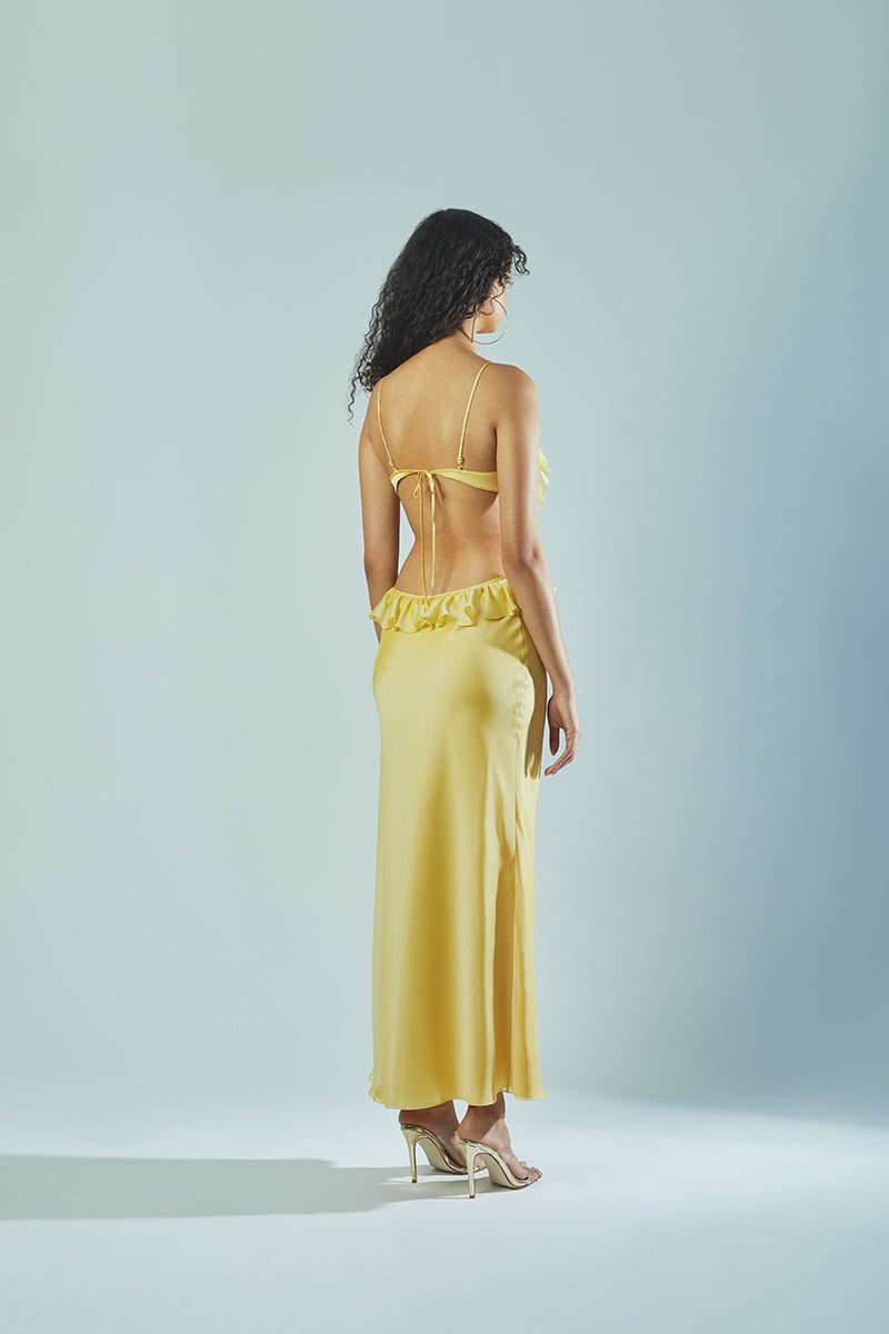 RUFFLE MAXI SLIP DRESS IN YELLOW - CULT MIA