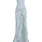 Blue ruffle slit maxi dress by Stolen Stores featuring flowing fabric and elegant design for summer wear.
