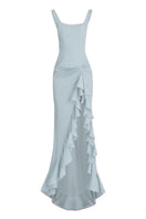 Blue ruffle slit maxi dress by Stolen Stores featuring flowing fabric and elegant design for summer wear.