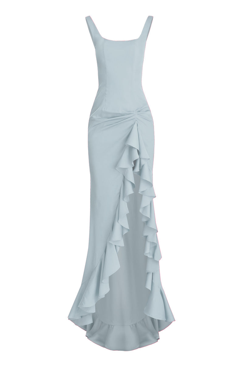 RUFFLE SLIT BLUE MAXI DRESS | CULT MIA
