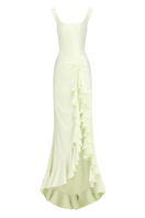 Green CULT MIA X Stolen Stores ruffle split maxi dress, flowing fabric, stylish design, perfect for summer or casual wear.