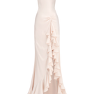 Light peach ruffle split maxi dress by Stolen Stores, featuring a flowing silhouette and elegant design.