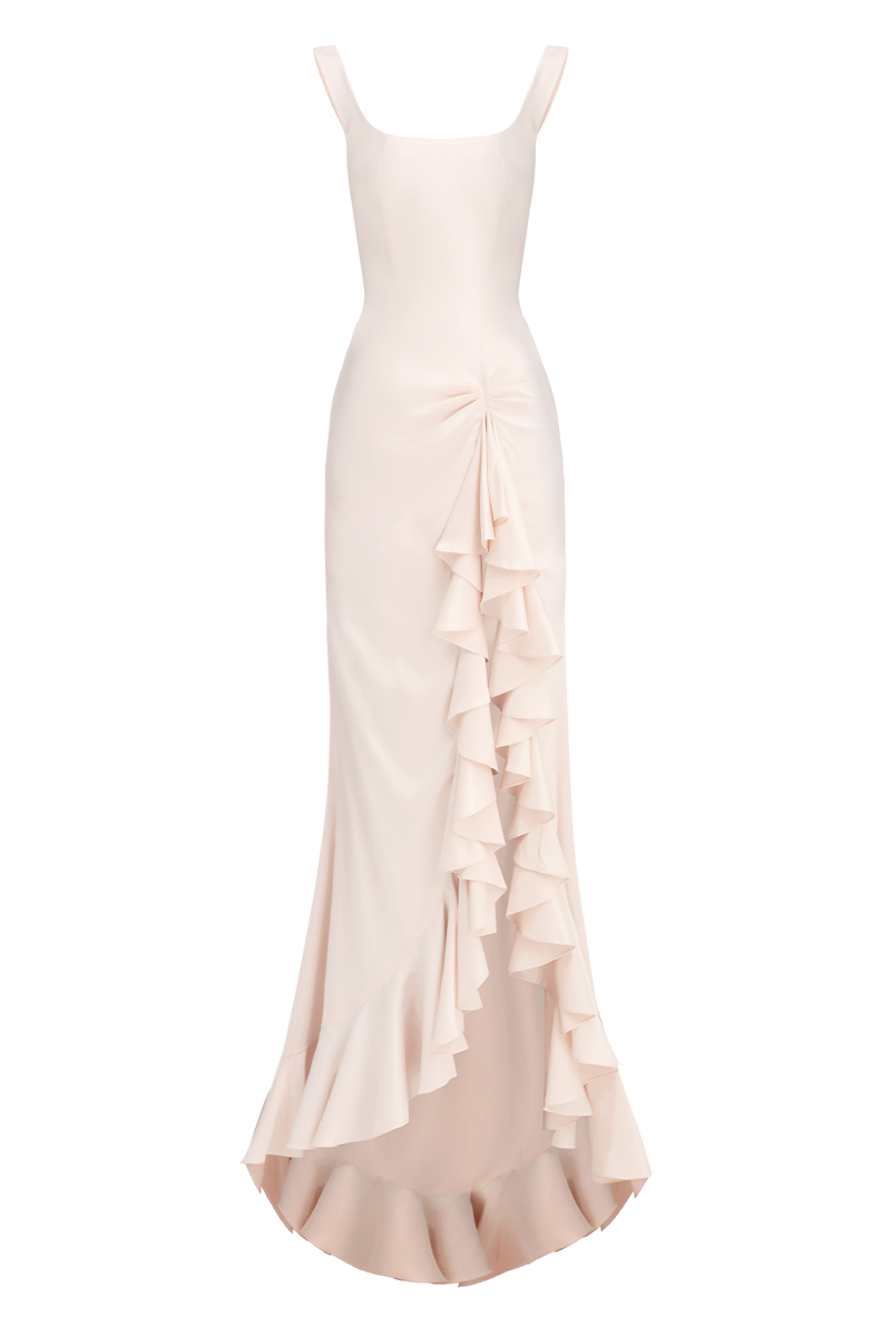 Light peach ruffle split maxi dress by Stolen Stores, featuring a flowing silhouette and elegant design.