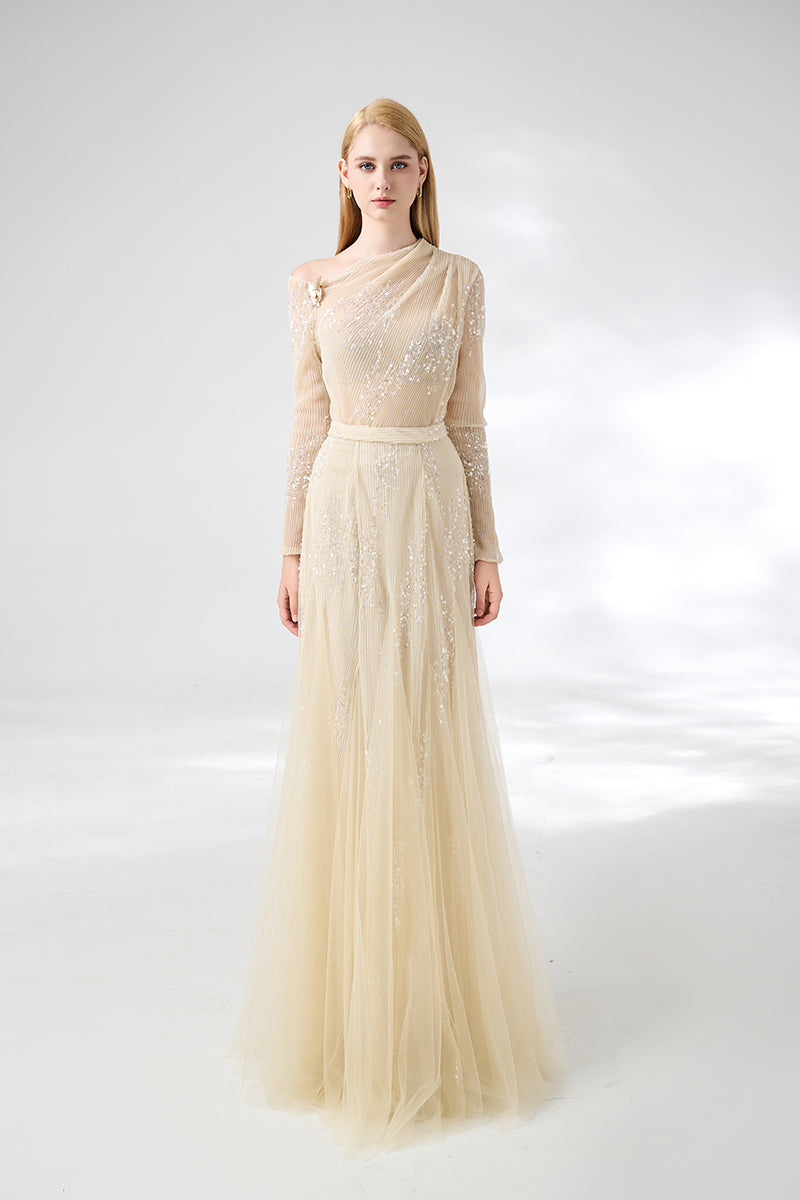 Beige layered floor-length top and skirt co-ords by Happy Clothing, showcasing soft fabric and layered design.