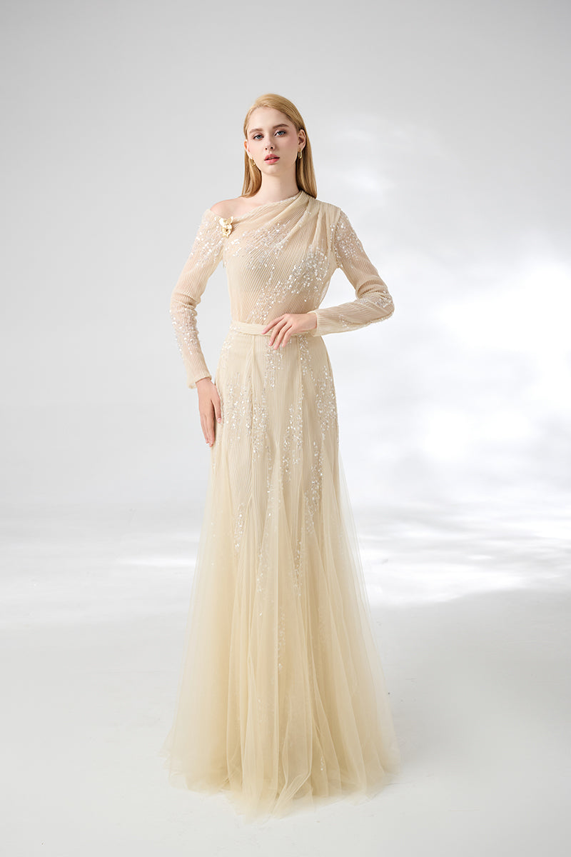 Beige layered floor-length top and skirt co-ords by Happy Clothing, soft fabric, stylish layered design, full-length outfit.