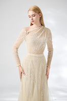 Beige layered floor-length top and skirt set by Happy Clothing, stylish co-ords with soft, flowing fabric and layered design.