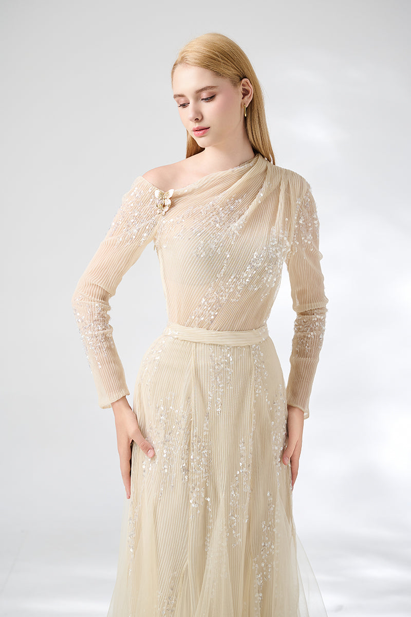 Beige layered floor-length top and skirt set by Happy Clothing, stylish co-ords with soft, flowing fabric and layered design.