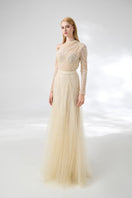 Beige layered floor-length top and skirt co-ord set by Happy Clothing, styled for a soft, elegant look.