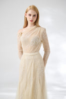 Beige layered floor-length top and skirt co-ords by Happy Clothing, featuring soft, flowing fabric and layered design.