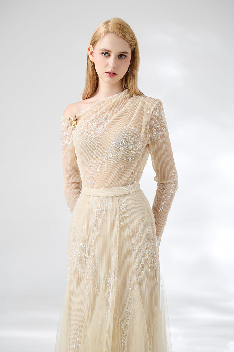 Beige layered floor-length top and skirt co-ords by Happy Clothing, featuring soft, flowing fabric and layered design.