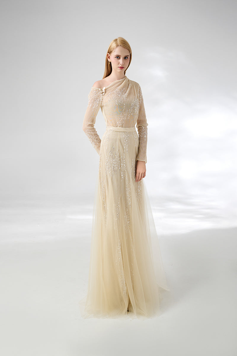 Beige layered floor-length co-ord set with soft, flowing top and matching skirt by Happy Clothing, perfect for elegant casual wear.