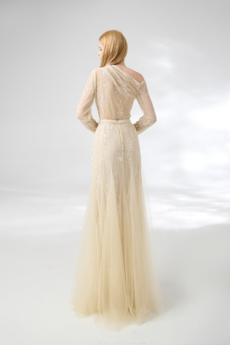 Beige layered floor-length top and skirt co-ords by Happy Clothing, featuring soft, flowing fabric and layered design.