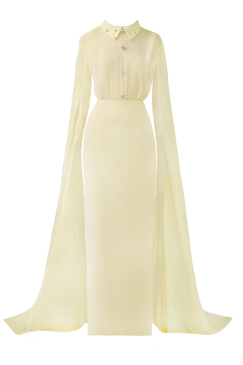 BEIGE TAFFETA FLOOR LENGTH GOWN - CULT MIA