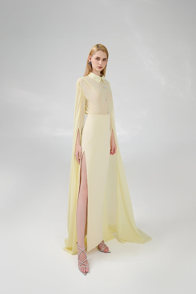 BEIGE TAFFETA FLOOR LENGTH GOWN - CULT MIA