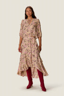 Rebecca Taylor RAE Ruffle Wrap Midi Skirt in lightweight fabric with a multi-color ruffle design, shown on a hanger.