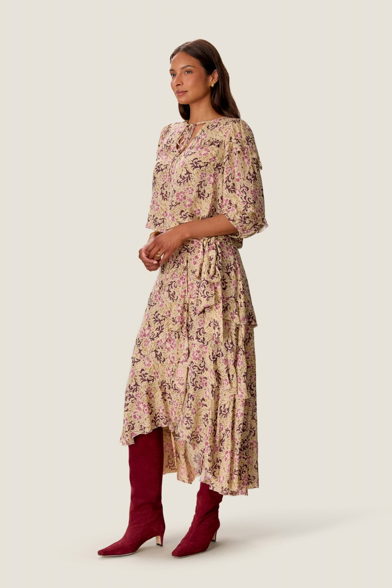 Rebecca Taylor RAE ruffle wrap midi skirt in a multi-colored floral pattern, flowing fabric with ruffled hem detail.