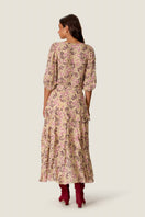 Rebecca Taylor RAE Ruffle Wrap Midi Skirt in alabaster multi with ruffle details and wrap design, shown on a model.