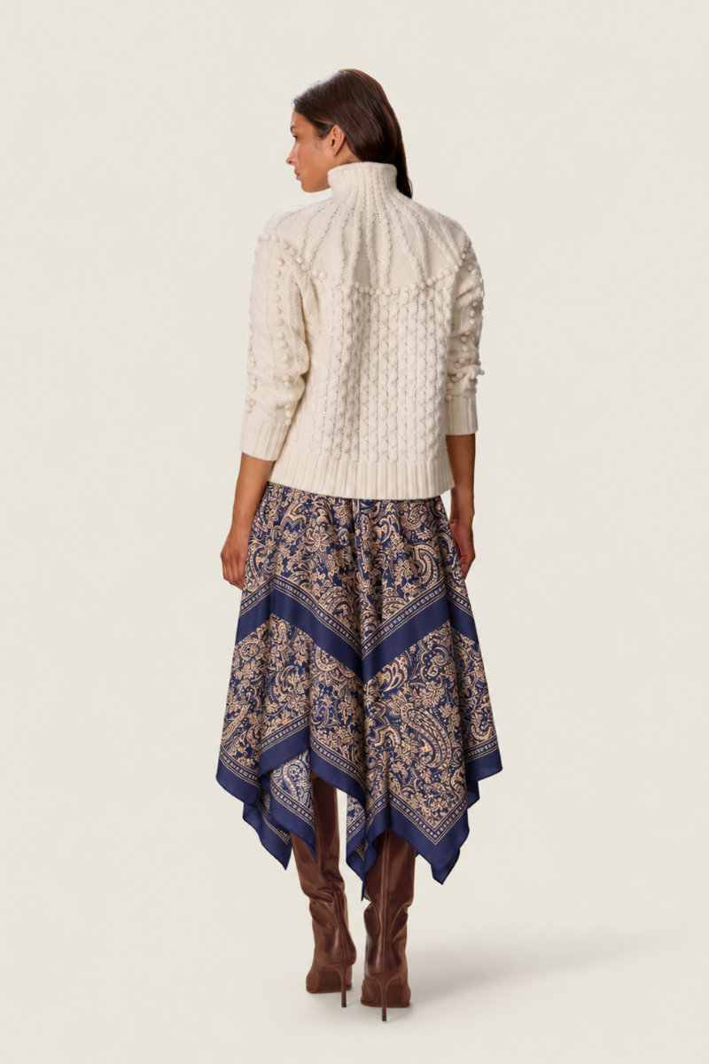 Rebecca Taylor Tatum scarf midi skirt in marm pattern, back view showing flowing fabric and stylish design.