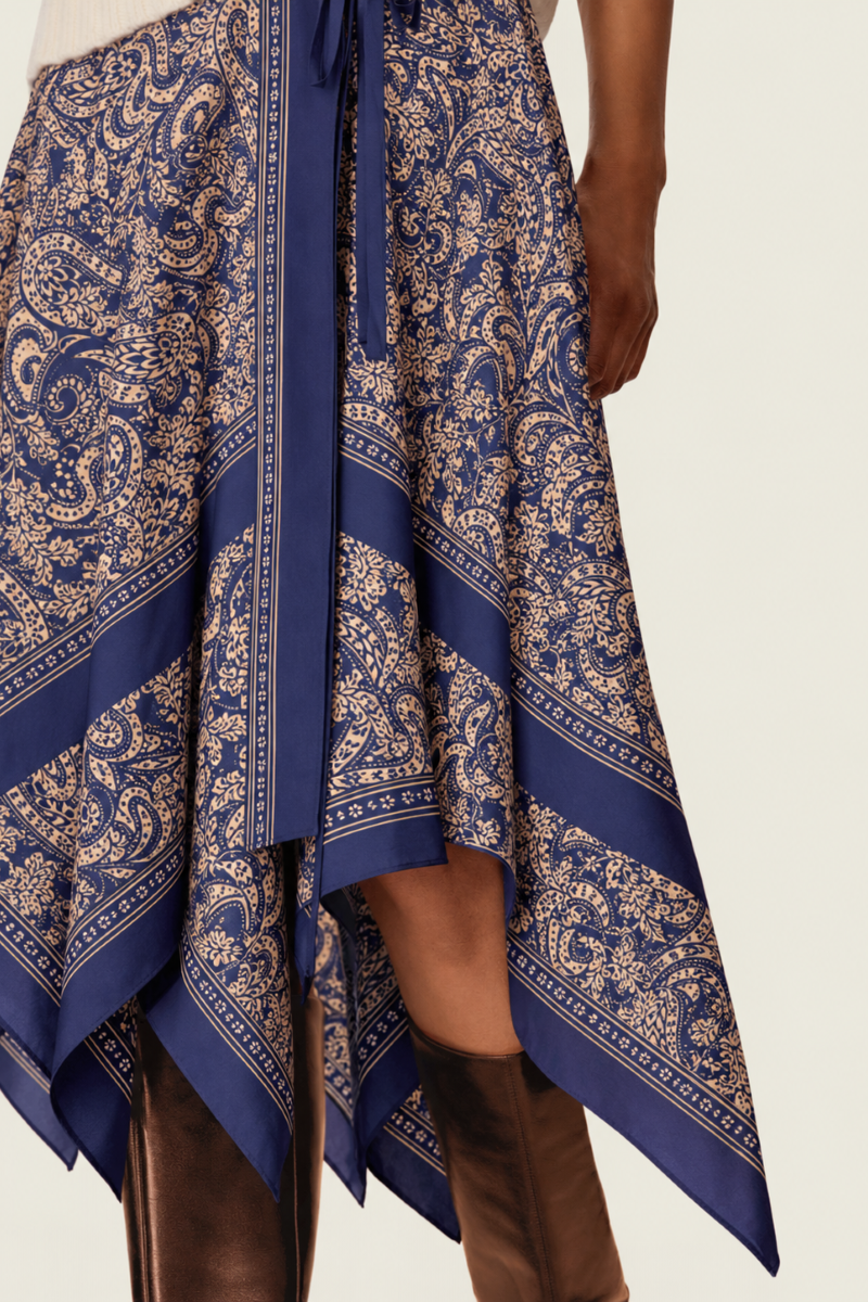 Rebecca Taylor Tatum scarf midi skirt with a textured, patterned fabric, shown with intricate details and elegant drape.