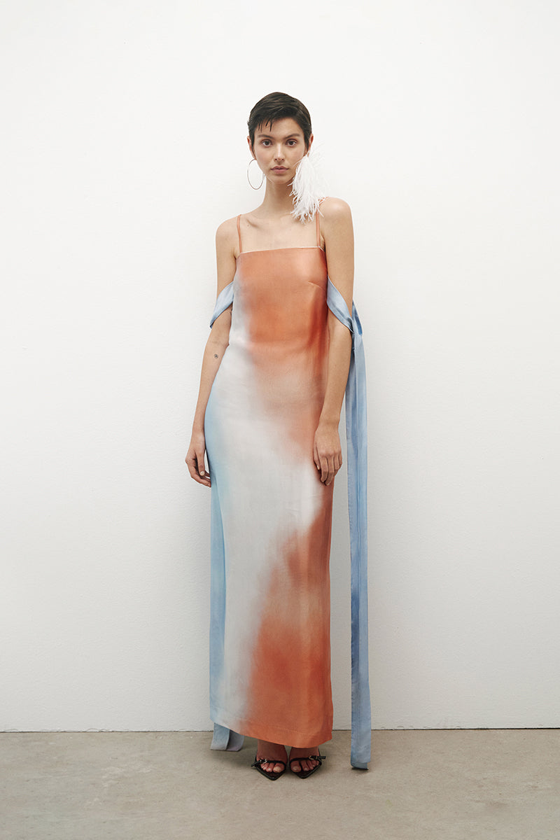 SUNSET SATIN LONG DRESS WITH LACES