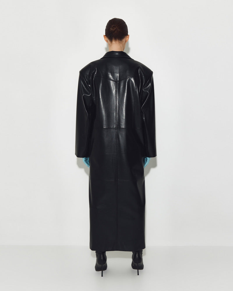 Black leather coat by Sayya, stylish and warm outerwear for men or women, shown on a hanger against a neutral background.