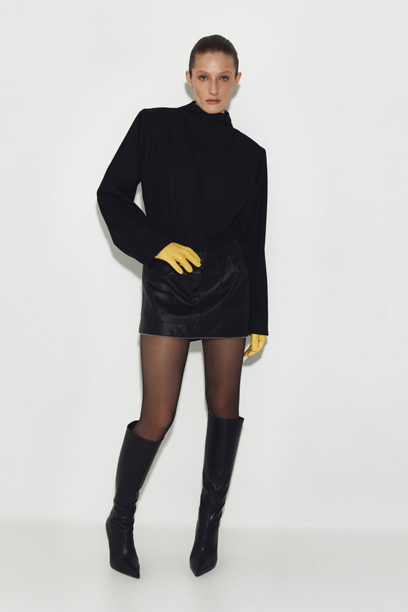 Black Sayya mini dress with long sleeves and a fitted silhouette, displayed on a mannequin.