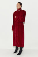Red MIDI fur coat by Sayya, stylish long coat with plush fur texture and elegant design, perfect for cold weather.