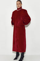 Red MIDI fur coat by Sayya, stylish and warm, with a soft fur texture and a sleek, elegant design perfect for winter wear.