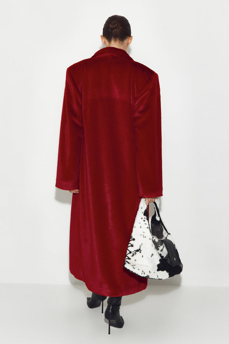 Red MIDI fur coat by Sayya, showcasing plush texture and stylish length, perfect for cold weather fashion.