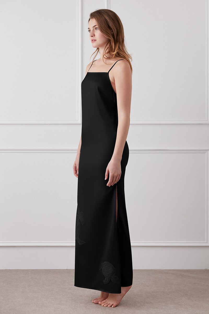 CAMELLIA SILK SLIP LONG DRESS IN BLACK - CULT MIA