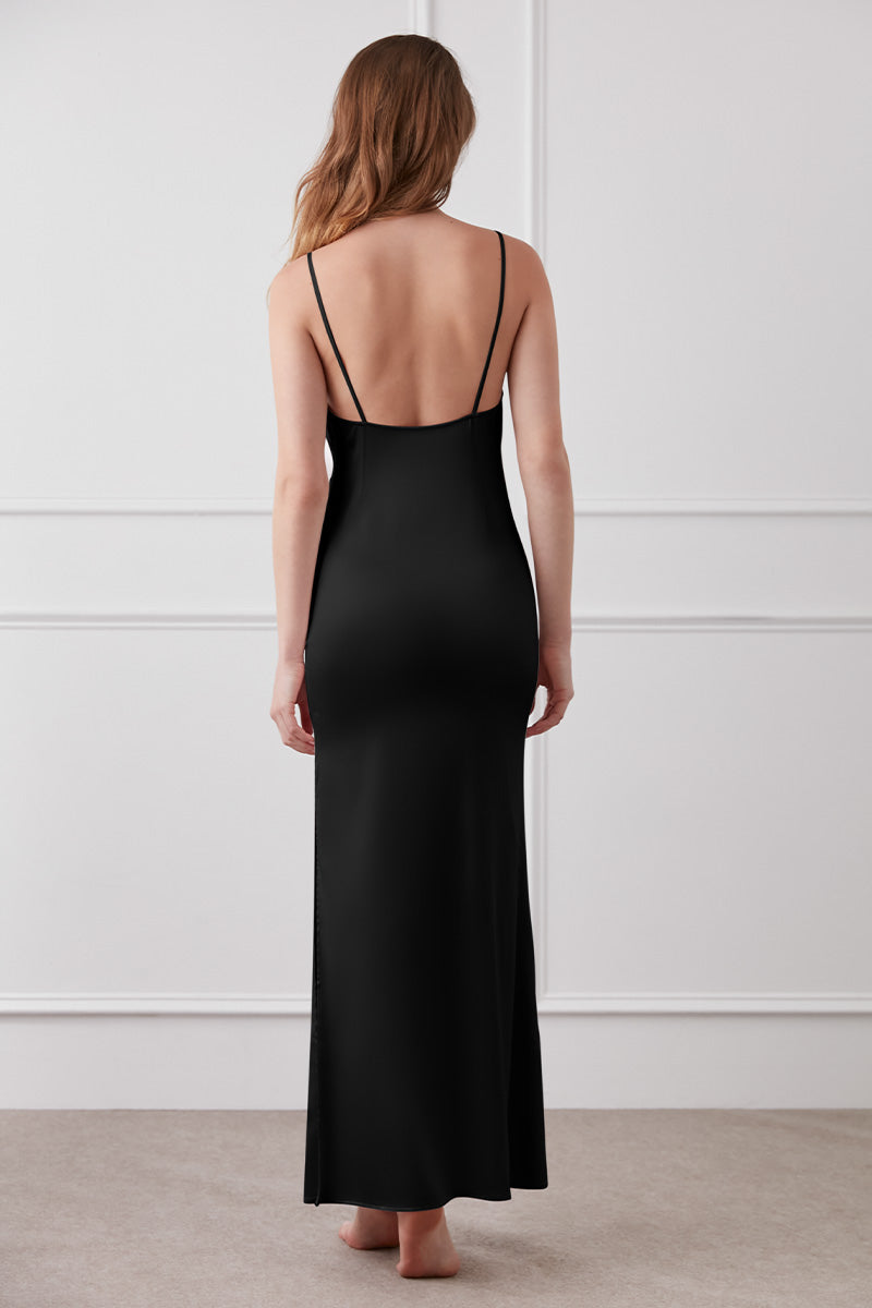 CAMELLIA SILK SLIP LONG DRESS IN BLACK - CULT MIA