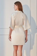 White silk short kimono robe by MANITO, Wedding Whisper collection, featuring smooth fabric and elegant design.