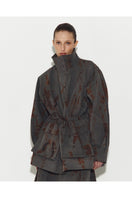 Gray denim jacket by Sayya, featuring classic design with buttons and pockets, displayed on a hanger.