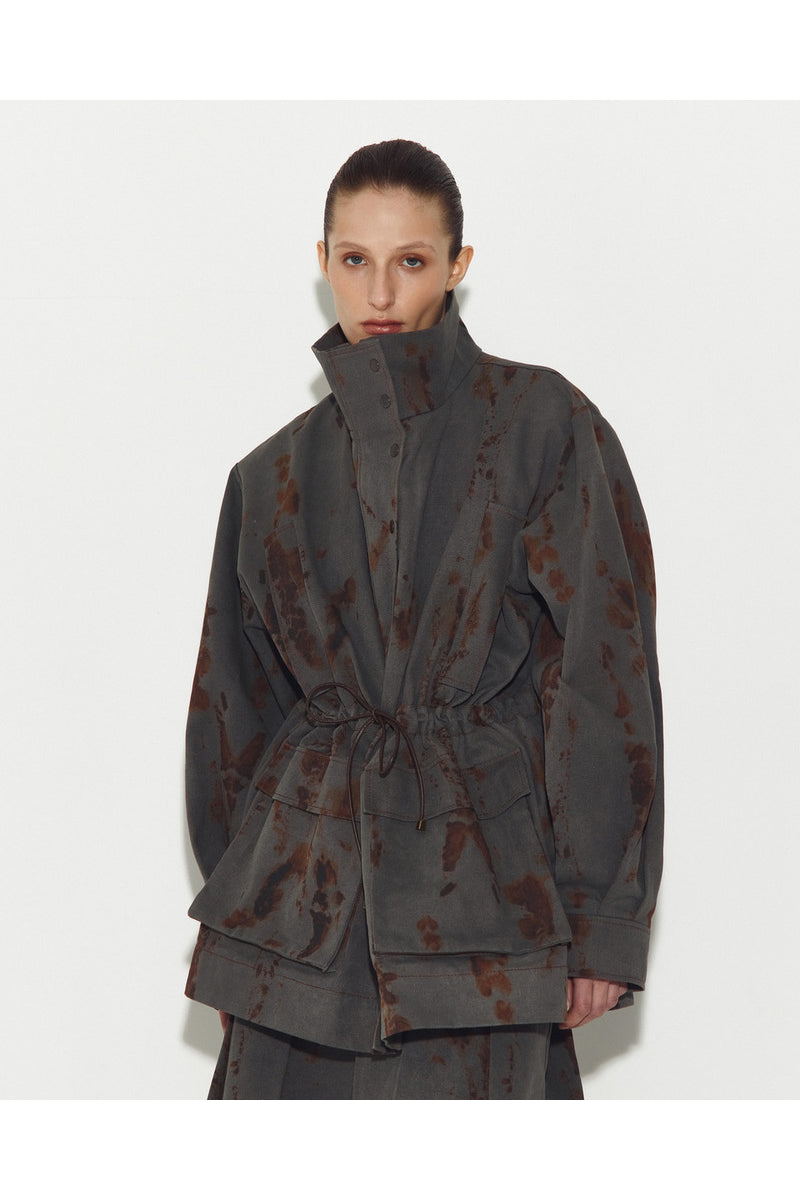 Gray denim jacket by Sayya, featuring classic design with buttons and pockets, displayed on a hanger.