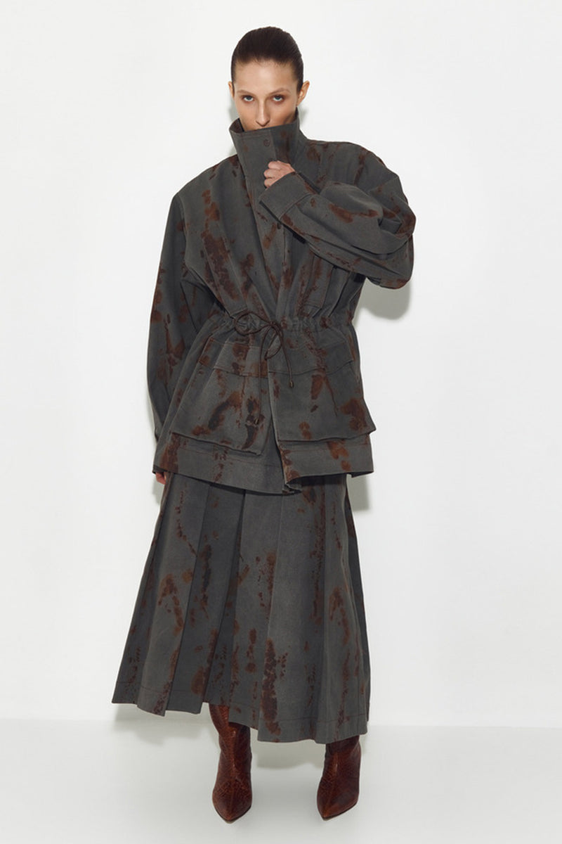 Gray denim midi skirt by Sayya, featuring a classic waistline and relaxed fit, shown on a model with a casual outfit.