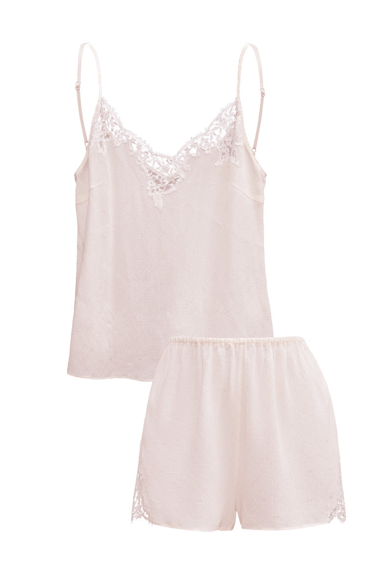 Pink Monogram Women's camisole set by MANITO, featuring comfortable pajama top and matching shorts with monogram design.