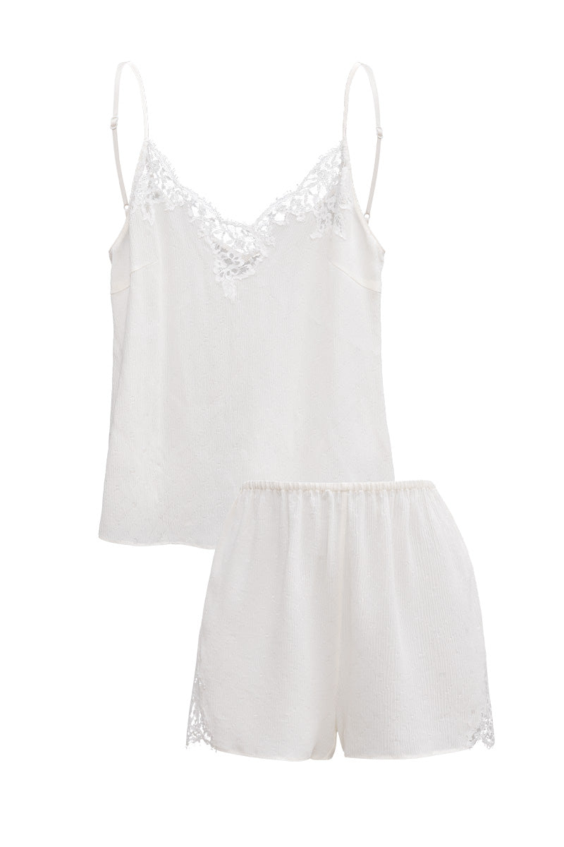 White Monogram Women's Camisole Set by MANITO featuring soft fabric and delicate straps, ideal for comfortable sleepwear.