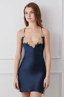 Blue lace-trimmed slip dress by MANITO, stylish mini dress with delicate lace details and a flattering fit.