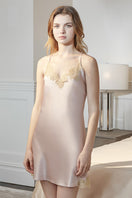 Pink lace-trimmed slip dress by MANITO, mini style with delicate lace details and soft fabric for a feminine look.