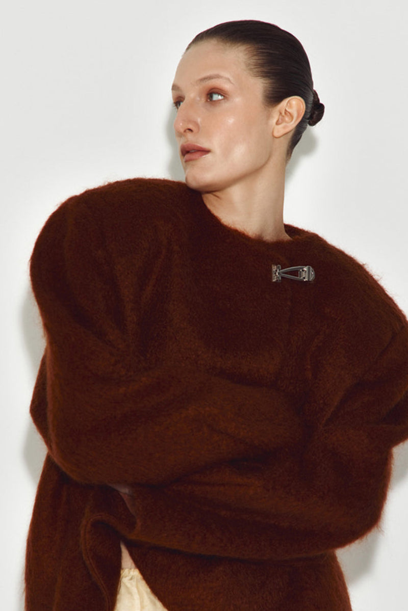Brown Mohair jacket by Sayya, stylish and cozy outerwear with a textured knit appearance, shown on a model.