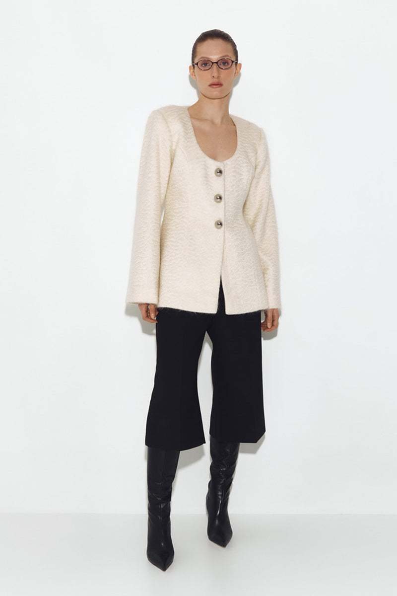 White Mohair jacket by Sayya, stylish lightweight outerwear with a soft, fuzzy texture, perfect for a chic, cozy look.