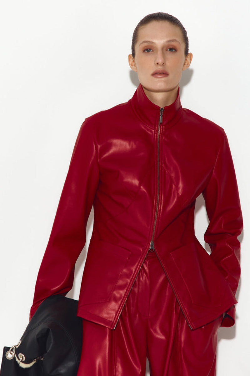 Red leather jacket by Sayya, stylish and fitted, featuring a classic collar and sleek design for a trendy look.