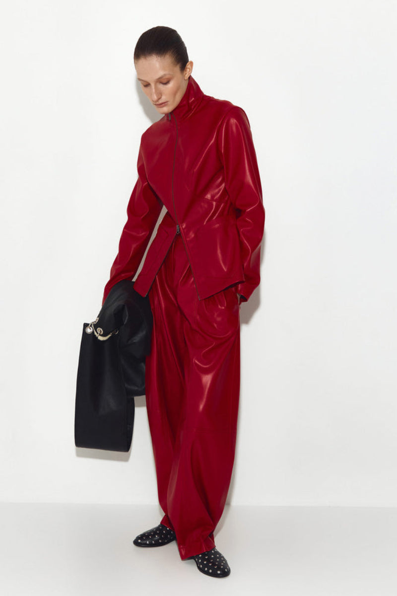 Red leather jacket by Sayya, stylish women's jacket featuring smooth leather with a classic fit and detailed stitching.
