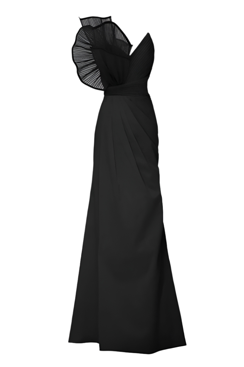 Elegant black Sage gown by Tarık Ediz featuring flowing fabric and sophisticated design, perfect for formal occasions.