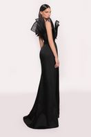 Black Sage gown by Tarık Ediz featuring elegant flowing fabric and a sophisticated design, perfect for formal occasions.