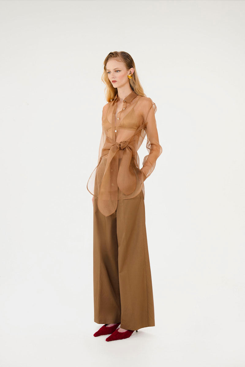 Sepia-colored MASTANI Maha shirt made of organza fabric, featuring a stylish and elegant design for women.