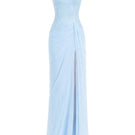 Sky blue Saphira maxi dress by Urban Muse, flowing fabric and elegant design, displayed on a hanger.