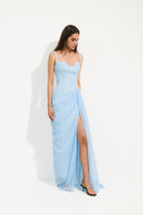 Sky blue Saphira maxi dress by Urban Muse, flowing fabric and elegant design, perfect for summer or casual occasions.